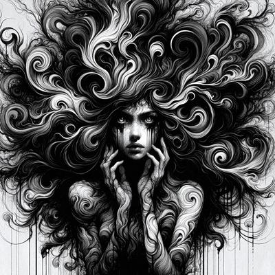 The primary subject of the image is a woman with long, flowing hair. She is wearing a black dress and has a mysterious, dramatic appearance. The setting is a dark, moody environment, with the woman standing in front of a black background. The visual style is a combination of digital art and illustration, creating a striking and intriguing image. The colors are predominantly black and white, with some grays and shadows, giving the image a dramatic and mysterious mood.